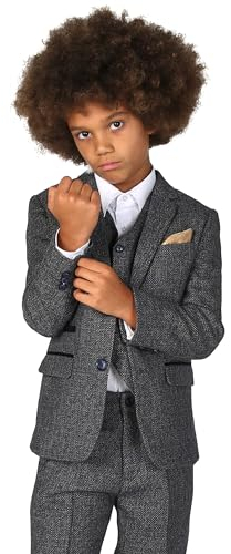 Boys Tweed Textured Retro Suit Tailored Fit 3 Piece Wedding Outfit Set in Navy Blue & Grey, Age 10 Years