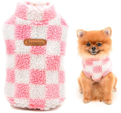 SMALLLEE_LUCKY_STORE Check Fleece Jumper Vest for Small Dogs, Pink, S | Warm Fleece, Turtleneck, Pullover Fit, Ribbing Trim, Autumn Winter Wear, Chihuahua, Yorkie, Small Breed, Cat, Warm Puppy Vest