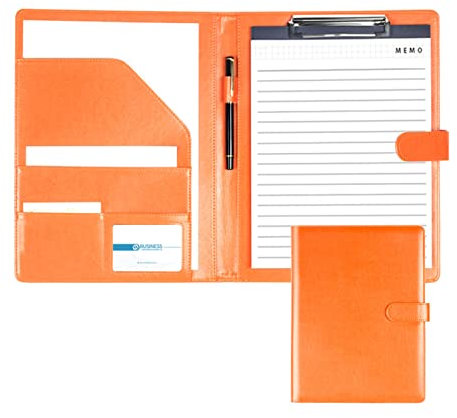 BLUNOA Konferenzmappe A4 Schreibmappe PU Leder Portfolio Aktenmappe Notizbuch Schreibblock Hülle Dokumenten Ökoleder Nachhaltig Für Damen Herren (Color : Orange)
