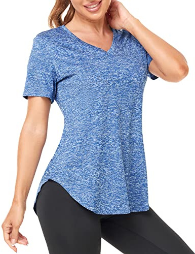 Deaviya Sport T-shirt, dam, fitness, sportskjorta, kortärmade toppar, v-ringad löpartröja för kvinnor, träning, gym yoga tröja dam, blå, M