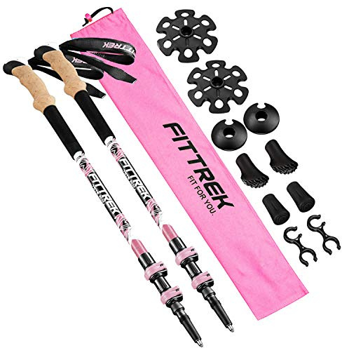 FitTrek Wanderstöcke - Trekkingstöcke Kork - Walking Stöcke Teleskop - Nordic Walking Stock Verstellbar Leicht für Damen, Herren und Kinder mit Gummipuffer, Pads und Tasche