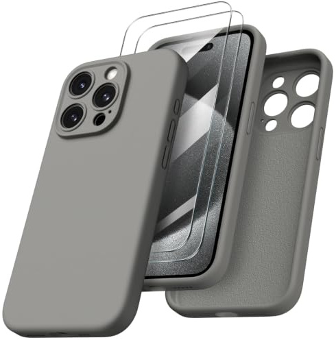 ORNARTO Cover per iPhone 15 pro Silicone 6.1 Pollici, con 2 Pellicola Vetro Temperato, Morbido Silicone Liquido Protezione, Antiurto Ultra-Sottile Protezione Custodia iPhone 15 pro-Titanio naturale