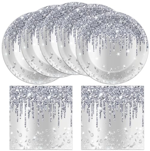 50 Pcs Silver Glitter Disposable Party Plates and Napkins Glitter Diamonds Happy Birthday Party Supplies for 25 Guests Table Decorations for Wedding Silver Birthday Decorations Paper Plates Napkins