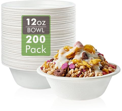 Tezraftaar® 10 x White Bagasse Paper Bowls 12oz (350ml) Biodegradable Sugarcane Disposable Bowl for Picnic Catering BBQ and Parties