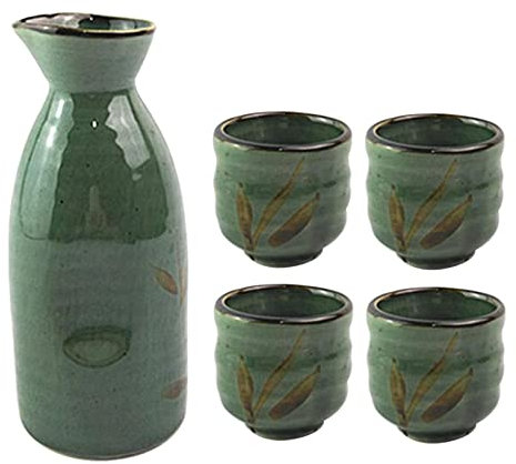 QXSJEDYCH ese Sake-Set, 5-teilig, langlebig, Keramik, Sake-Set mit 1 Sake und 4 Sake-Bechern for heißen oder kalten Sake zu Hause oder im Restaurant, Schwarz Tassen (Color : Green, Size : Q)