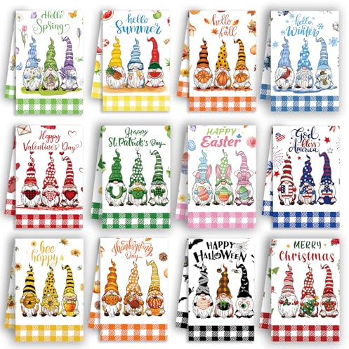 MALEBAZI Gnomes Seasonal Kitchen Hand Towels Set of 12, Cute Kitchen Towels Gnome Holiday Dish Towels for Kitchen, Spring Summer Fall Winter Absorbent Dishcloths Decorative Wash Cloths 21.3x14.2 Inch