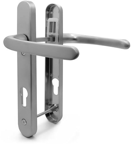 TSS Silver UPVC Door Handle Pair Set, Sprung, 92mm PZ (Centres), Lever Lever, 122mm Screw to Screw (Screw centres), Backplate 245mm x 34mm - Replacement PVC Door Handle in Silver