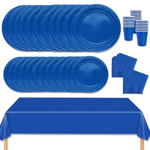 MORAINJAY Set mit 69 Partygeschirr, Bleu Partygeschirr Set enthält Teller, Servietten, Tassen, Tischdecke für Geburtstag, Babyparty, Restaurant und Hochzeit, einfarbig, Dekor -16 Gäste