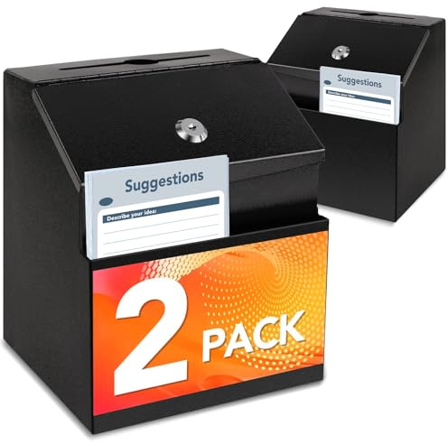 LINSIRON Vorschlagsbox mit Schlitz und Schloss, 2 Stück, Wand-Wurzelung aus Metall und 50 kostenlose Vorschlagskarten, Spendenboxen für Spendenaktionen mit 2 Schlüsseln, 21,3 x 14,7 x 17,8 cm, Schwarz