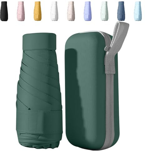 Sykerout Mini Regenschirm - Kompakter Taschenschirm, Faltbarer Reise-Schirm Klein Mit Etui, UV-Schutz (Dunkelgrün)