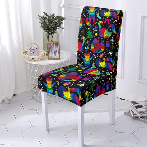 Stuhlhussen Bunte Katze Weihnachten Stuhlhussen 4er Set Stretch Weiche Elasthan Stuhlhussen Schwingstühle Waschbar Hussen für Stühle Abnehmbare Stuhlbezug Langlebig Stuhlhusse Universal Stuhlbezüge