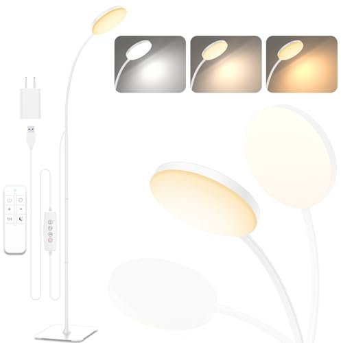 Mojimdo Golvlampa med fjärrkontroll, [3 färger & 10 ljusstyrkor] Slim LED läslampa stående, dimbar justerbar flexibel golvlampa för barnrum, kontor, vardagsrum, hörn sängbordslampa