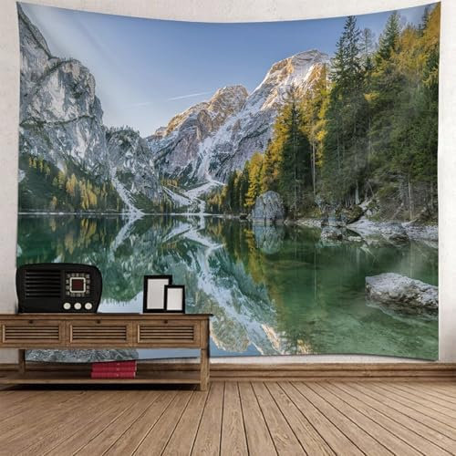 Aotiwe Tapisserie Vintage, Wall Tapestry Aesthetic Landschaft Berge See und Bäume Grün Wandvorhang Boho 150x150cm