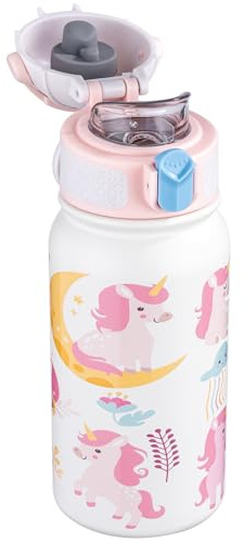 OLDLEY Kids Water Bottle 12oz Insulated Water bottle, Double Wall Stainless Steel Vacuum Bottle, Leak-Proof Sport Bottles for School Boys Girls,White Unicorn