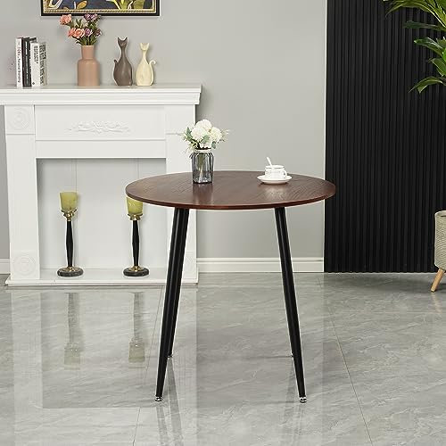 Petite table de salle à manger ronde vintage rustique en bois massif avec pieds élégants en métal noir 80 cm, idéale pour la maison, la salle à manger, le salon, le restaurant, finition noyer