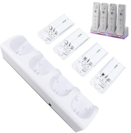Estación de Muelle de Cargador de Control Remoto con 4 Paquetes 2800mAh Batería Recargable Luces LED de Cable USB para Accesorios para Juegos (White)
