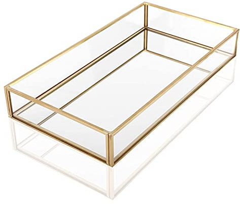 Plateau Décoratif en Verre, Plateau de Rangement en Verre, Plateau Miroir Decoratif, Plateau Cosmetique Decoratif, pour Bijoux, Parfum (30 * 20 * 5.5cm)
