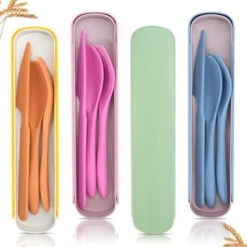 DIYJEP 4 Sets Travel Cutlery Set with Case, Portable Camping Cutlery Tableware，Reusable Plastic Spoon Fork Knife Set for Travel Work School Picnic Camping or Daily Use (Green, Blue, Pink, Yellow)