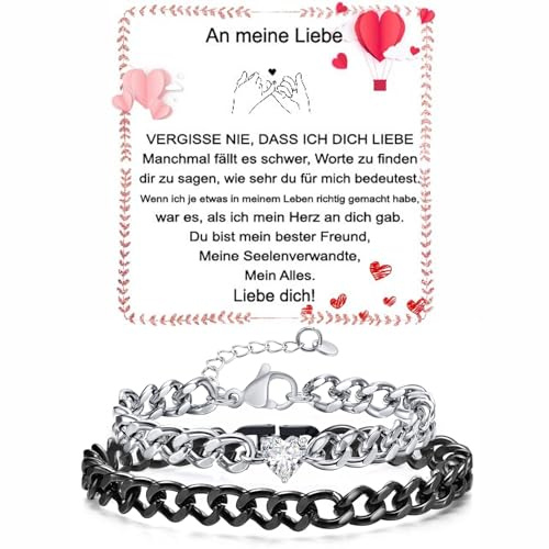 Fehki Edelstahl Paar Armband | Kubanische Kette verstellbar | Romantisches Geschenkset für Paare zum Valentinstag, Jahrestag & Geburtstag