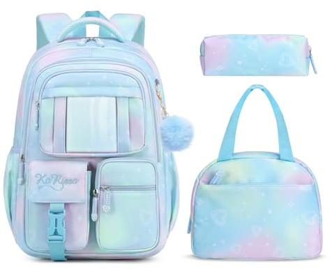 Tanou Set di Zaino Scuola Elementare Bambina, 3 Pezzi Traspirante Zaini per Bambini con Borsa Termica e Astuccio, Kawaii Zaino Ragazza in Nylon alla Moda con Ciondolo, Blu