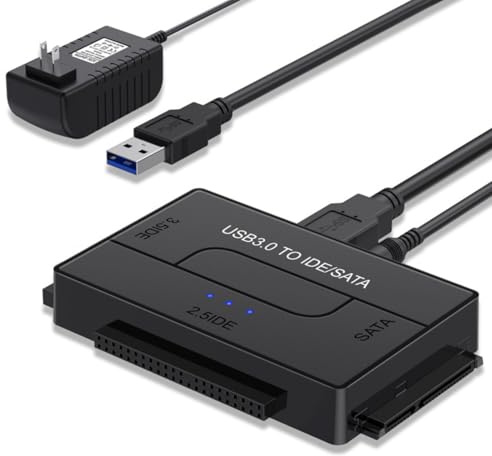 HaoYiShang USB 3.0 to IDE/SATA Adapter Universal External Hard Drive Reader & Data Recovery Converter for 2.5/3.5 HDD/SSD with 12V/2A Power Supply & Multi-Drive Support