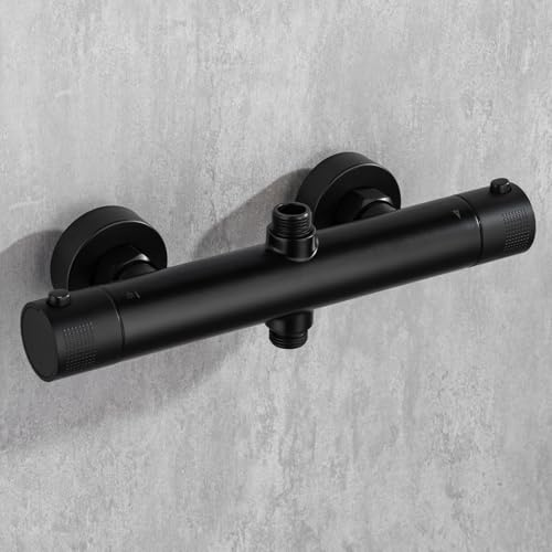 Ronvie Thermostatic Shower Mixer Bar Wall Mounted 2 Outlet G1/2 Black | Anti-Scald 38°C Safety Lock, Anti-Limescale, Easy Installation