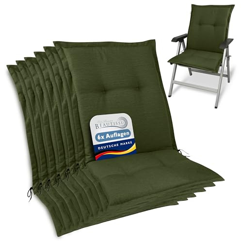 Beautissu 6er Set Premium Gartenstuhlauflage Niedriglehner Sitzkissen Stoff | 105x50x7cm Dunkelgrün Polster Auflage Niederlehner Gartenstuhl robuster UV-Lichtechtheit Auflagen Gartenpolster HighLux NL