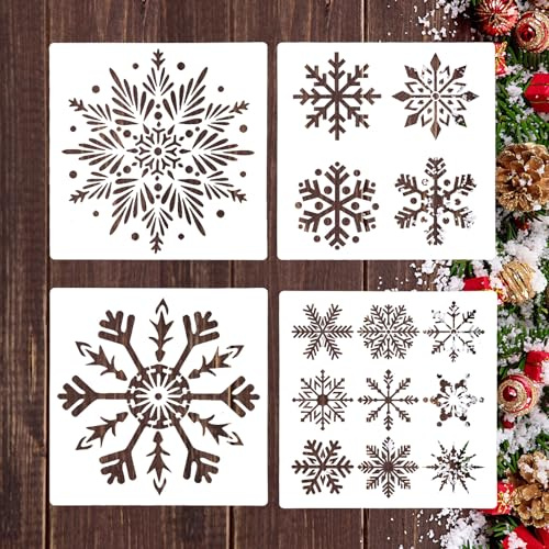 4 Stück Weihnachten Schneeflocken-Schablonen,25cm Große Winter Schneeflocken Ornament zum Malen,Wiederverwendbare Schneeflocken Stencil Weihnachten Zeichenschablonen für Weihnachtskarte Scrapbooking