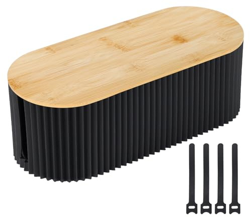 Nymblis Cable Tidy Box, Cord Organised Box with Cable Ties, Black | with Bamboo Lid, Cable Management from TVs, Computers, for Hiding Power Strips, Messy Extension Lead, for Office, Home