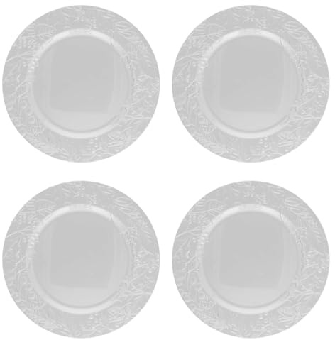 Acan Tradineur - Pack de 4 Bajoplatos Redondos Navideños Reutilizables - Diseño de Muérdago - Fabricado de plástico - Ideal para presentaciones de Dulces, Pasteles, etc. - Ø 33 cm - Color Plata