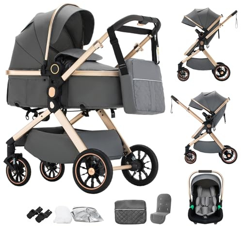 Shineey 3 in 1 Baby Stroller with Height Adjustable Handle,3 in 1 Prams Travel System, Lightweight Foldable Pushchair, Prams with Aluminum Frame for Portable Baby Carriage (U9-X//Dark Grey, U9-X)