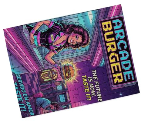 Merchandmanía Puzzle Pequeño tamaño Aprox. A5 de 48 Piezas con Marco Arcade Burger Retro Poster Vintage Videojuegos Rompecabezas puzle para Adulto
