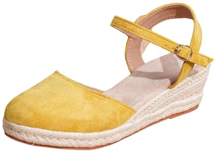 Platform Sandals Women's Summer Boho Dirndl Shoes with Wedge Heel Closed Ankle Strap Heel Shoes Sandals Traditional Shoes Elegant Wedge Sandals Comfortable Lightweight Summer Shoes, O yellow, 2/2.5 UK