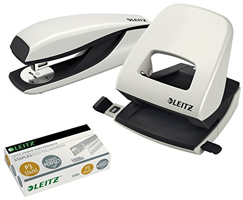 Leitz 5008 NeXXt Series Bürolocher, Metall, bis zu 30 Blatt / Kombi-Set mit Heftgerät + 1000 Klammern extra (grau)