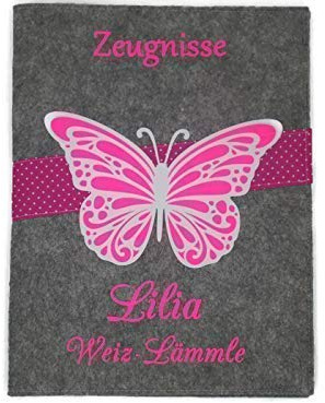 Zeugnismappe mit Namen - Mädchen und Jungen - Personalisiert Filz A4 Schmetterling Pink - Dokumenten Urkunden Mappe Kinder - Hefter Zeugnisse - Sichtbuch