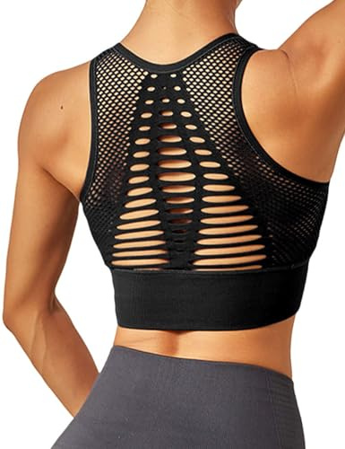 RIOJOY Women's High Impact Sports Support Bra Seamless Hollow Out Padded Yoga Crop Top, 2P-4P(S), #3 Black