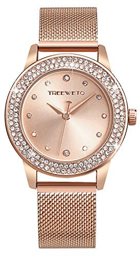 TREEWETO Damenuhr Analog Quarz Armband Armbanduhr Kristall Mesh Edelstahl Gürtel Damen Quarz Diamant Klassische Mode Romantisch Rosegold