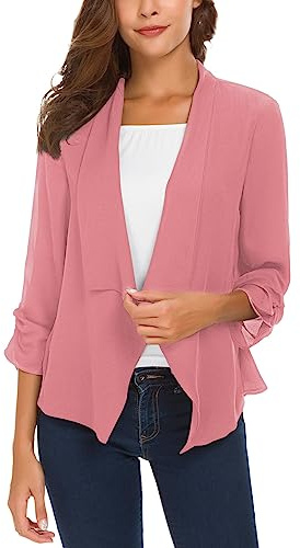 Women's Ruched Sleeve Lightweight Thin Chiffon Blazer (XL, Pink)