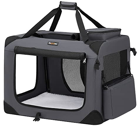 Feandrea Hundebox faltbar, Transportbox Hund, L, Hundetasche, Oxford-Gewebe, Netzstoff, atmungsaktiv tragbar transportabel, Metallrahmen, mit Griffen, Taschen, 70 x 52 x 52 cm, grau PDC70GY