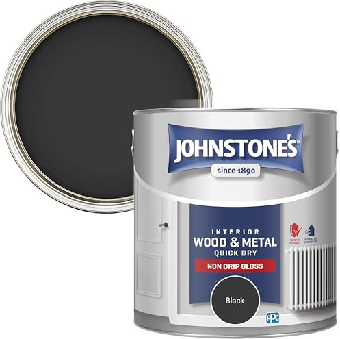 Johnstone's - Gloss Wood & Metal Paint - Black - 2.5L | Gloss Finish, Interior & Exterior Wood & Metal, Quick Dry & Non Drip, Low Odour, Water Based Formula, 25m2 Coverage Per Tin