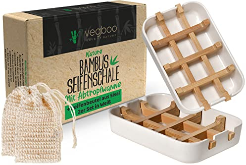 vegboo® Bambus Seifenschale Set – 2er Set plastikfreie Seifenhalter mit Abtropfgitter & Sisalbeutel – Naturseife Schale für Bad, Dusche, Küche & Reise in Weiß