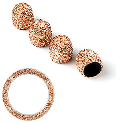 Ventilkappen Ventildeckel,Bling Kristall Diamant Glitzer Strass Universal Reifen Ventilkappen & Start Stop Zündung Taster Aufkleber Abdeckung Innenblenden Dekorationen Aufkleber Autozubehör,Gold