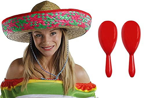 Mexikansk Sombrero halmhatt med maracas – perfekt för mexikanska fester fiesta fin klänning firande hattar (3 röd/gröna hattar + matchande maracas)