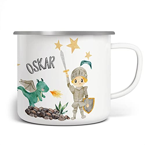 miKalino Emaille Tasse Jungs - Trinkbecher Kinder personalisiert - Emaille Becher mit Ritter-Motiv - Kindertasse mit Namen - Kindertasse bedruckt - Emaille Becher Weiß