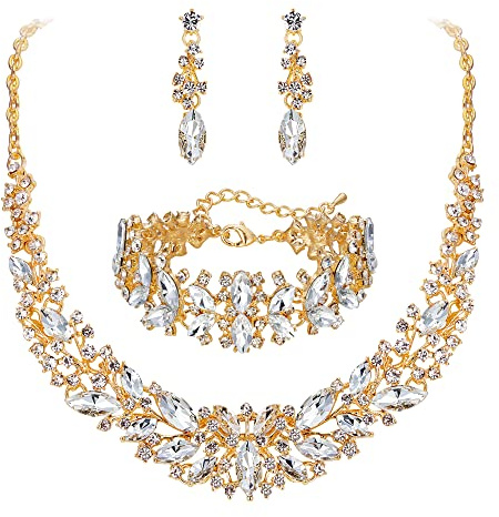 Clearine Juegos de Joyas de Mujer Juego de de Collar, Pendientes y Pulsera de Novia, Conjunto de Gargantilla de Racimo de Marquesa de Cristal,Color Claro Oro-Tono