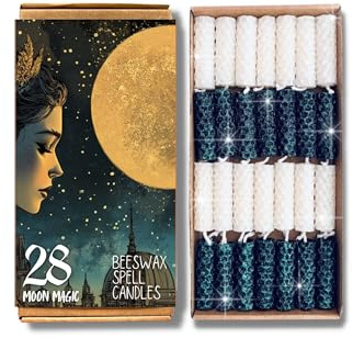 Phoenix Candle Company Mini Moon Magic Ritual Glitzerzauber mit Mondphasenkalender, 28 Stück, handgerollt, Schwarz und Weiß