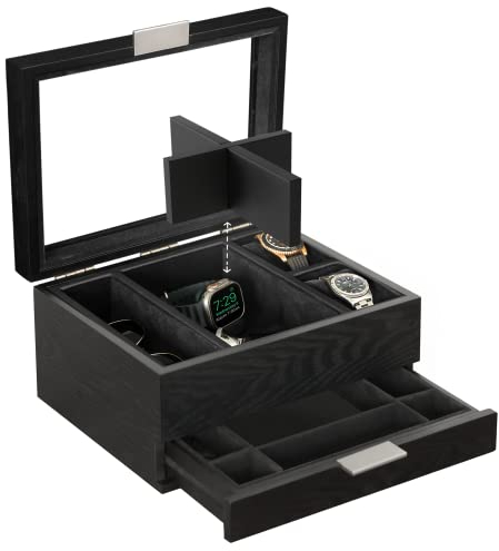 CASE ELEGANCE Uhrenbox mit 8 Fächern für Herren, schwarz, Uhrenvitrine, modulares Valet-Tablett, Apple Watch kompatibel mit Apple Watch-Ständer