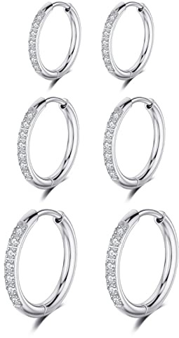 Bo Win 3 Paires Acier Inoxydable Boucles d’oreilles Anneaux Homme Femme Boucles d'oreilles Créole Petite Mini Boucles d'oreilles Diamant Femme Homme Zirconium Cubique Boucle d oreille Argent 8-12MM