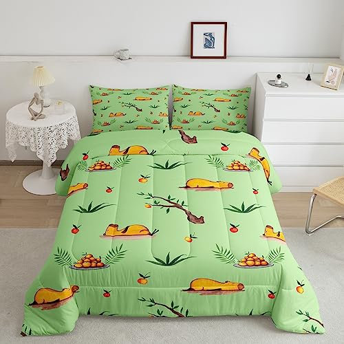 Homewish Schläfrig Capybara Tröster 200x200 Nette Tier Tröster Set, Süßer Apfel Daunen Tröster Grün Bett Set, Grüns Blatt Braune Zweige Gesteppte Bettdecke Cartoon Zimmer Dekor für Kinder