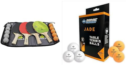 JOOLA Tischtennis-Set Family 4 Tischtennisschläger + 10 Tischtennisbälle + Tasche & Schildkröt 618045 Unisex – Erwachsene Donic Tischtennisball Jade, Poly 40+ Qualität, 12 STK. im Polybag
